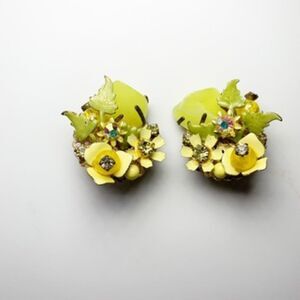 Yellow and Green Cluster Flowers Beads Enamel and Rhinestone Clip Earrings 1950s